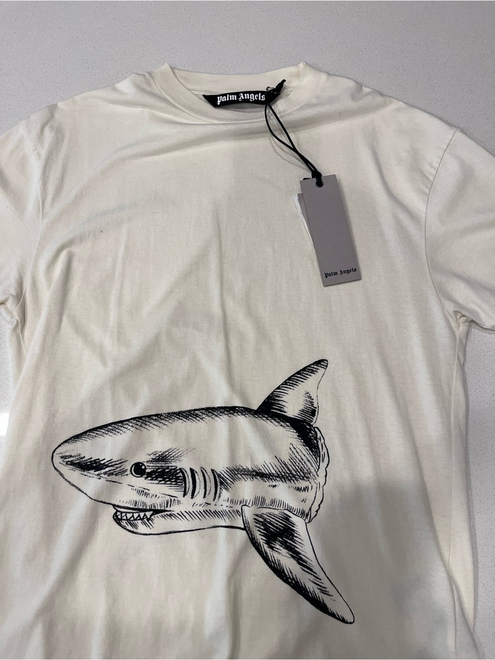 Palm Angels Cream T-Shirt with Black Shark Print - Picture 1 of 6